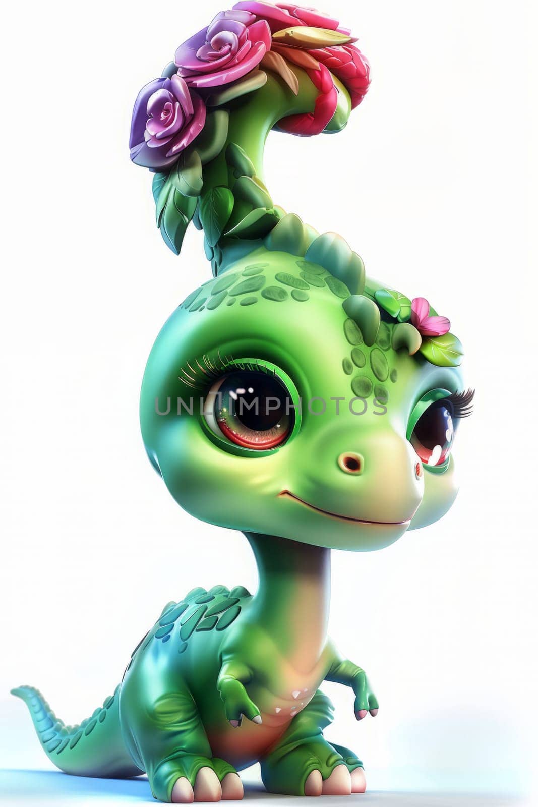 Adorable baby brachiosaurus with floral headpiece on white background. baby