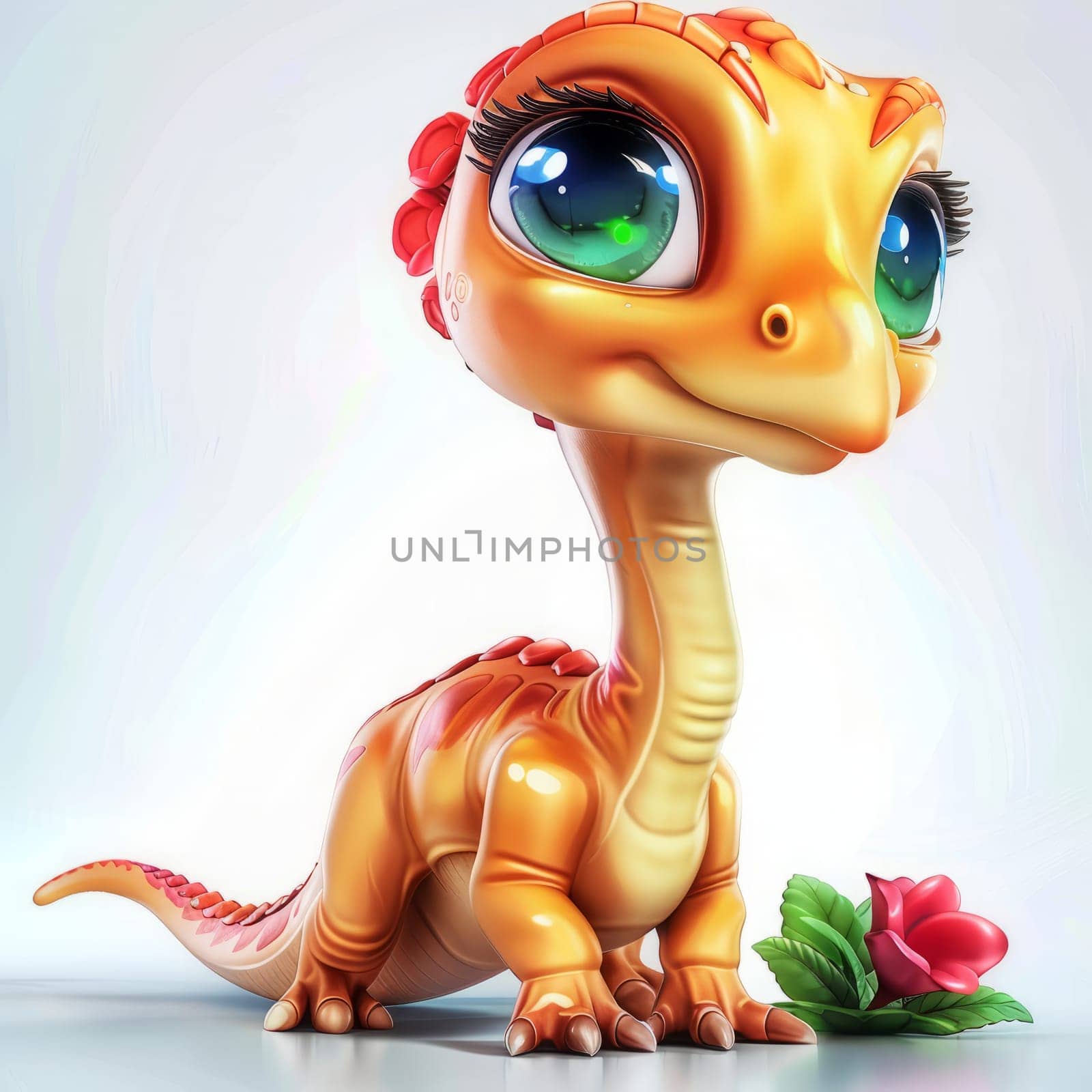 Adorable baby brachiosaurus with rose on white background for children's decor. baby