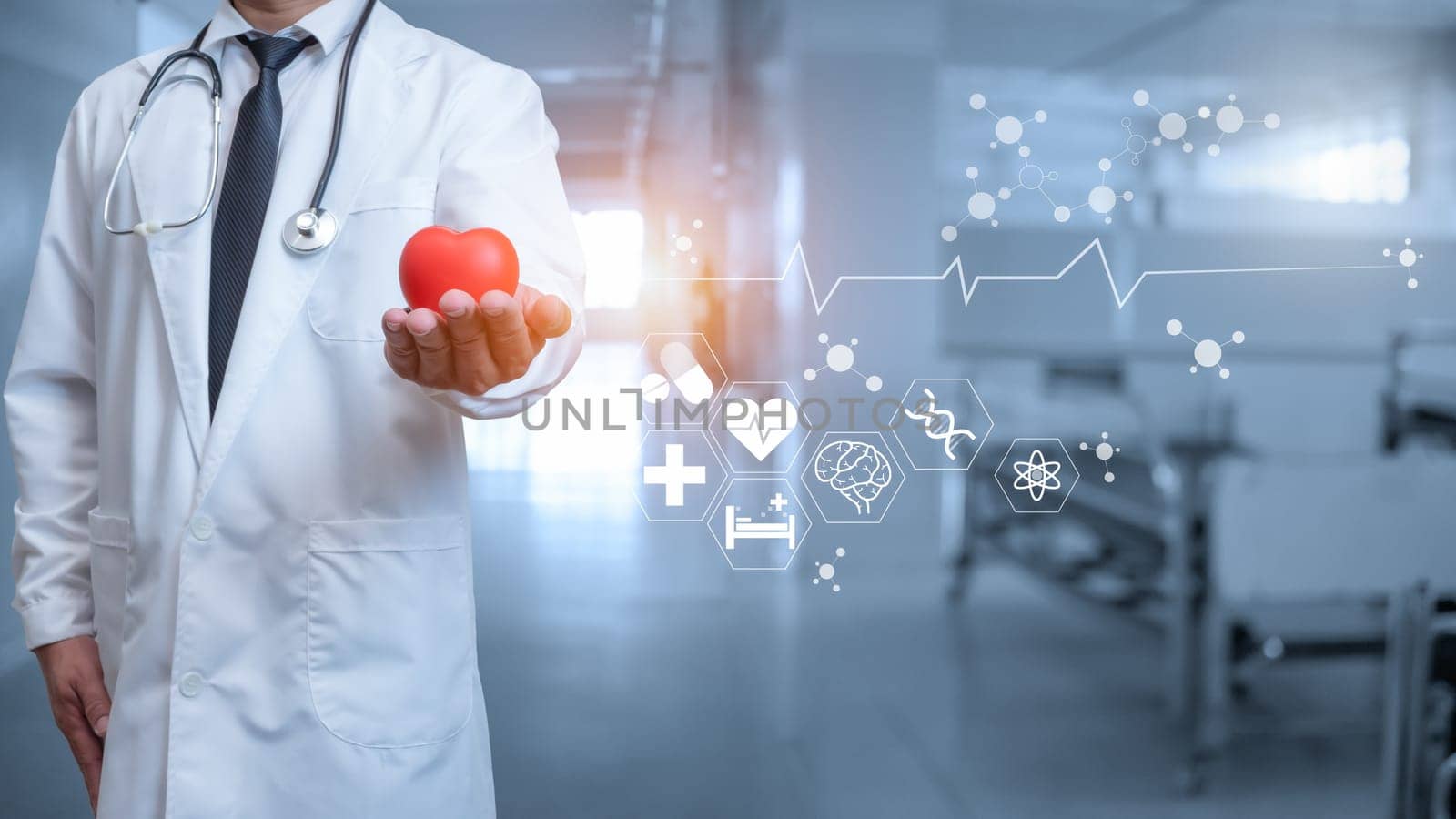 Doctor in lab coat holding red heart on hospital interior background