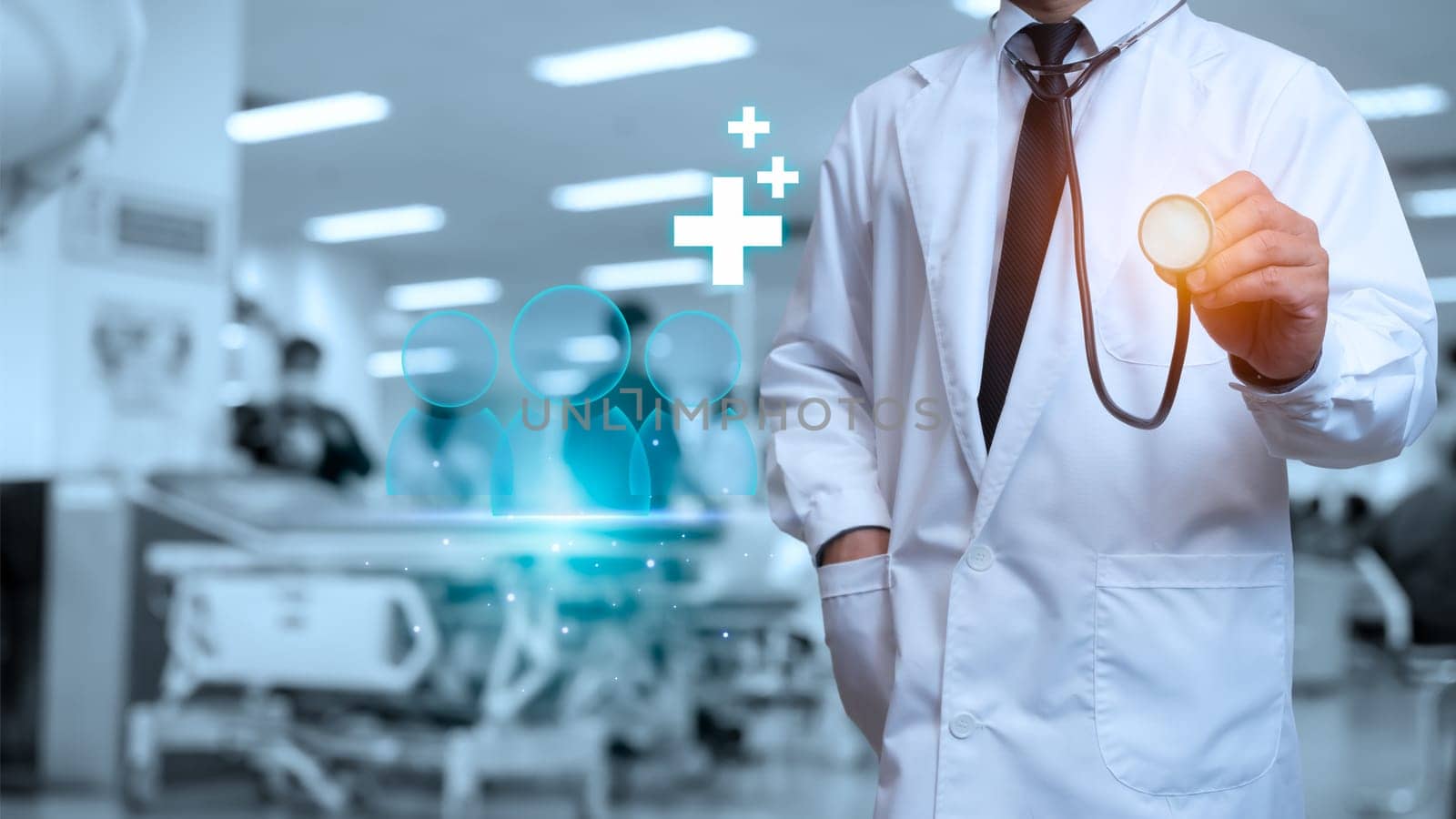 Doctor in lab coat holding a stethoscope on the background inside the hospital by Unimages2527