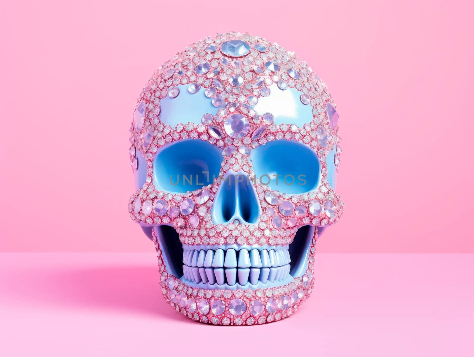 A skull decorated with shiny rhinestones on a bright background