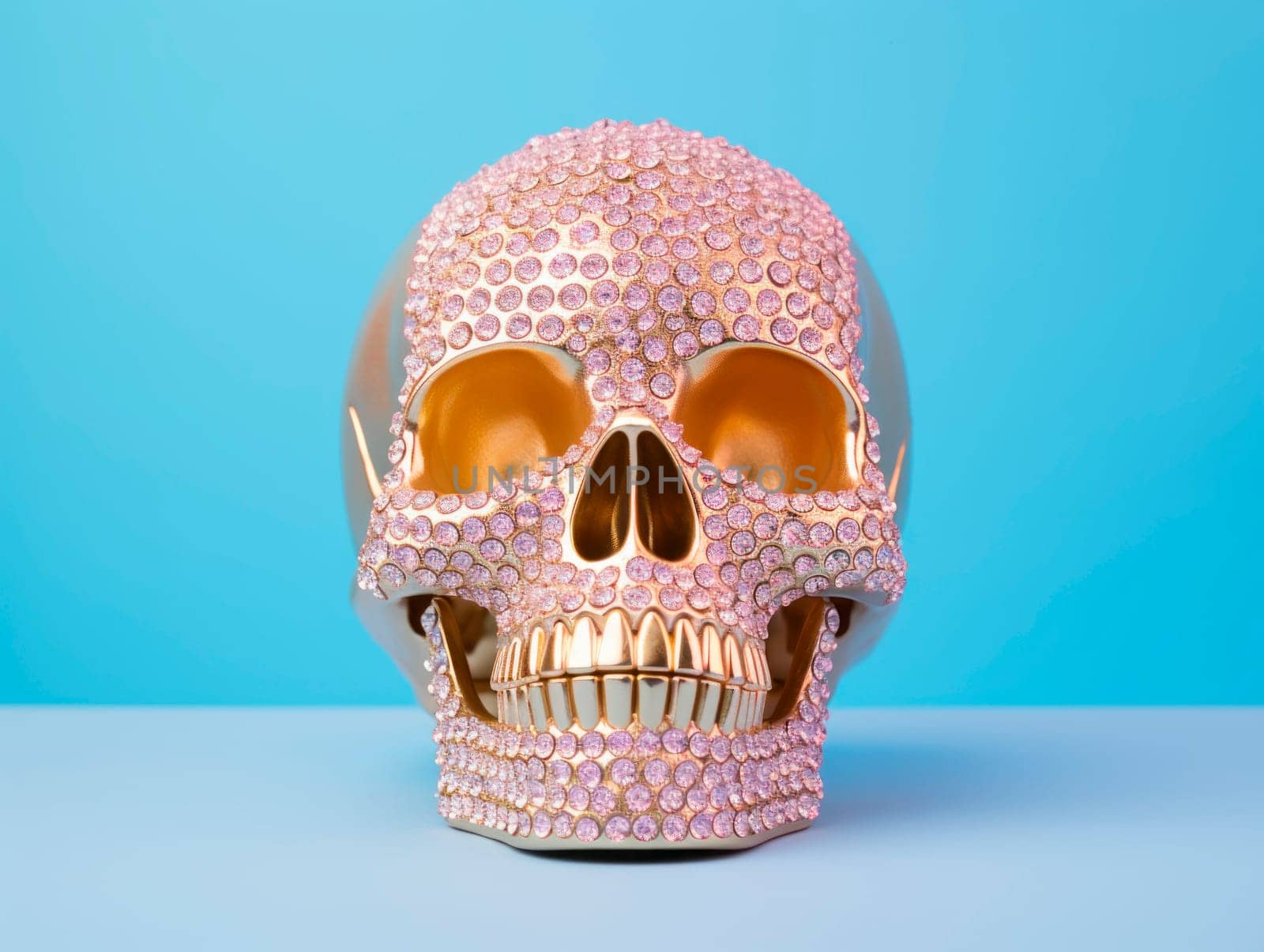 A skull decorated with shiny rhinestones on a bright background by Spirina