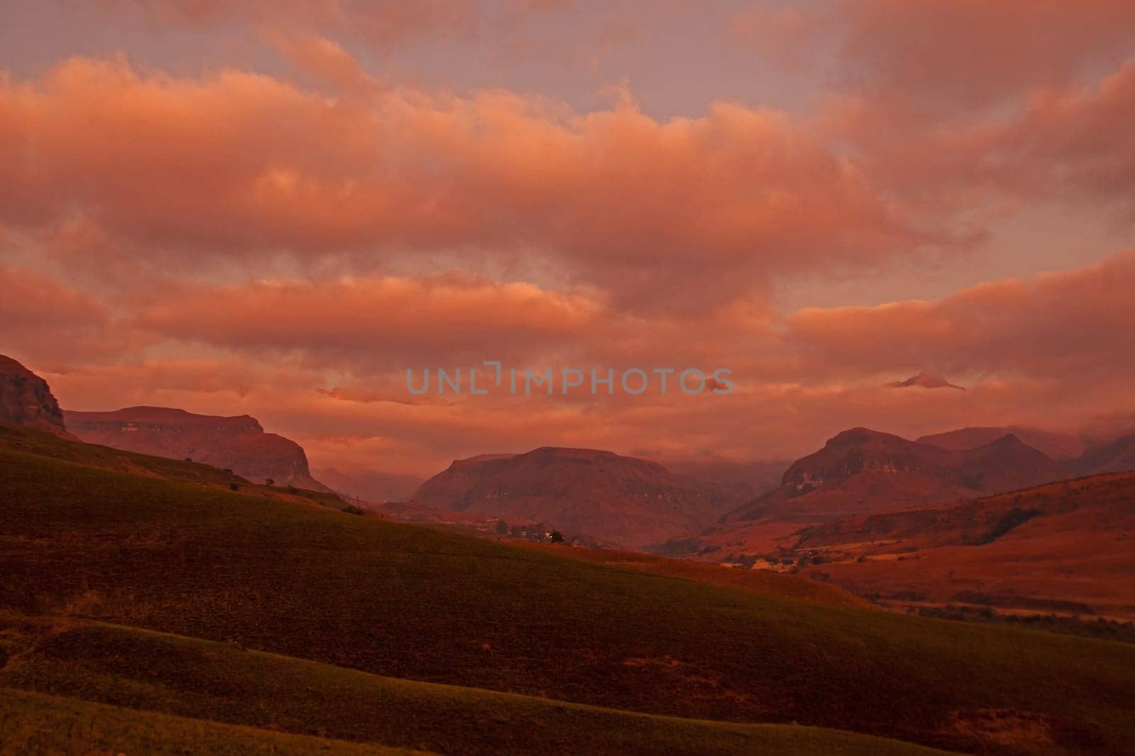 Dawn at Cathedral Peak in the Drakensberg Mountains. KwaZulu-Natal Province, South Africa