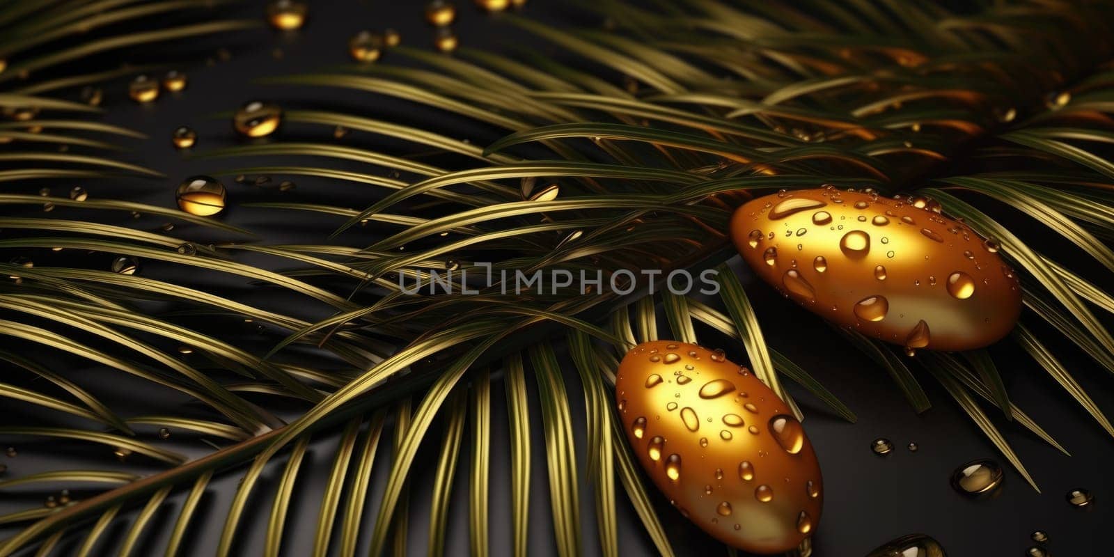 Dark Gold palm leaves and droplet Water dramatic photo effect background, realism, realistic, hyper realistic. Generative AI weber. by biancoblue