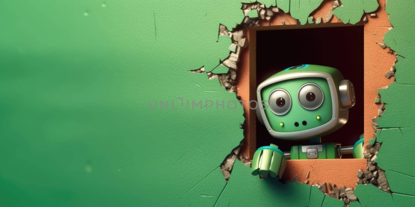 Cute Robot toy peeking out of a hole in wall, torn hole, empty copy space frame, mockup. Generative AI weber. by biancoblue