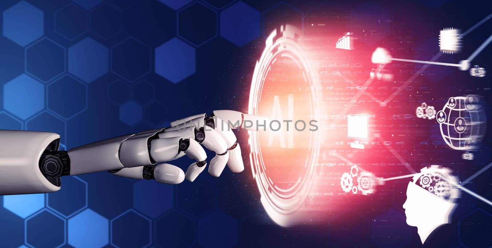 Futuristic robot artificial intelligence concept. 3D illustration. by biancoblue