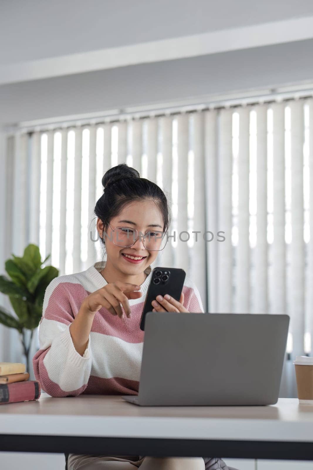 Asian girl student online learning class study online video call zoom teacher, Happy asian girl learn english language online with computer laptop by wichayada