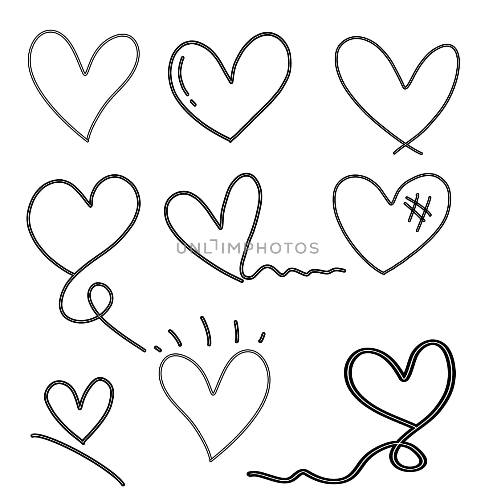 Hand drawn line heart on white background. Isolated