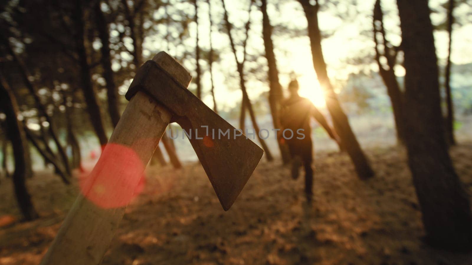 Chasing a victim with an axe in the woods, point of view shot by Polonio_Video