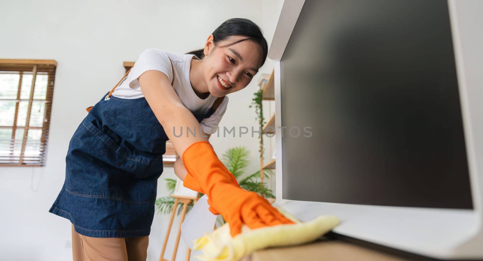 Asian young housekeeping or maid cleaning at home, Cleaning home concept.