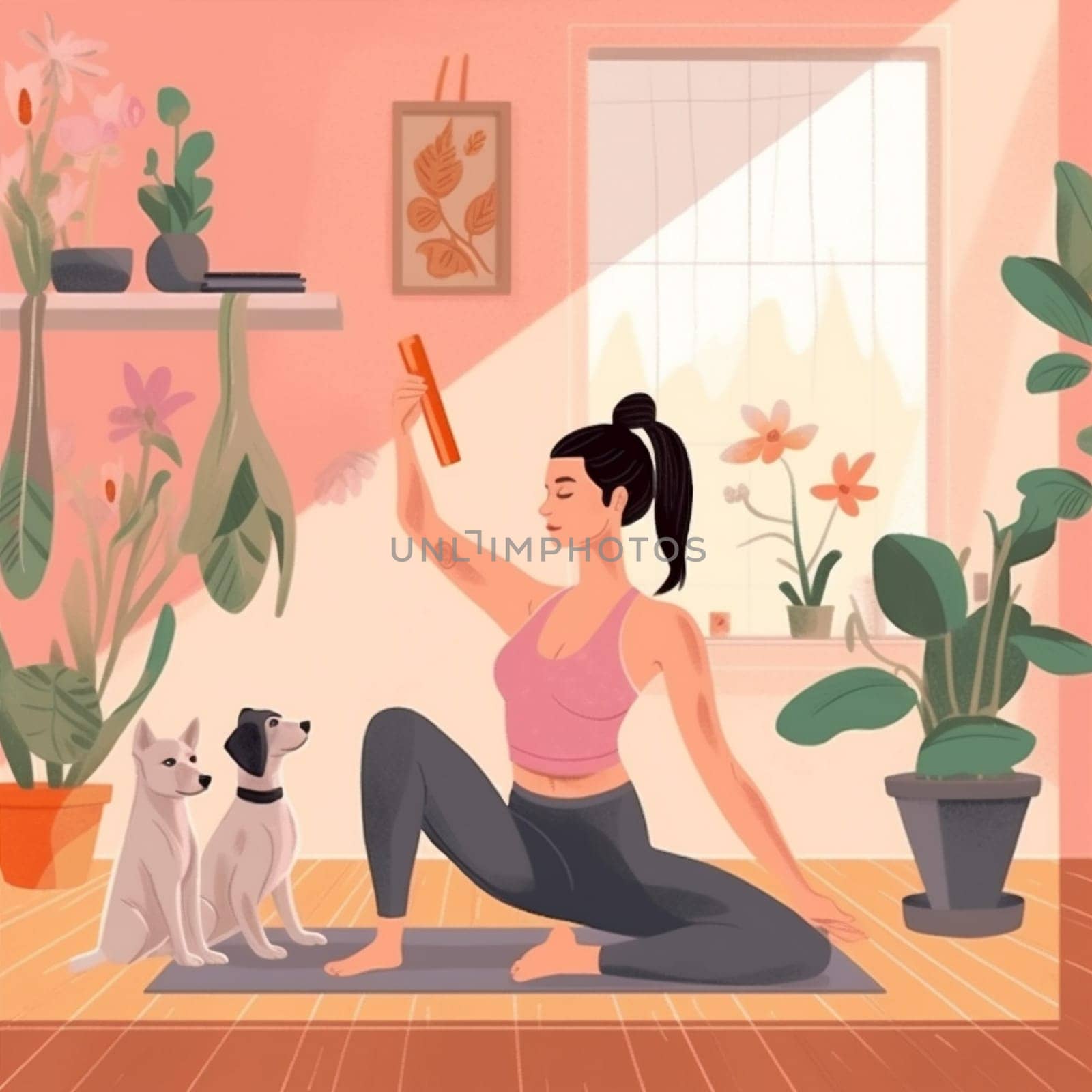 dog home woman training cartoon posture sport yoga lifestyle body fitness. Generative AI. by Vichizh