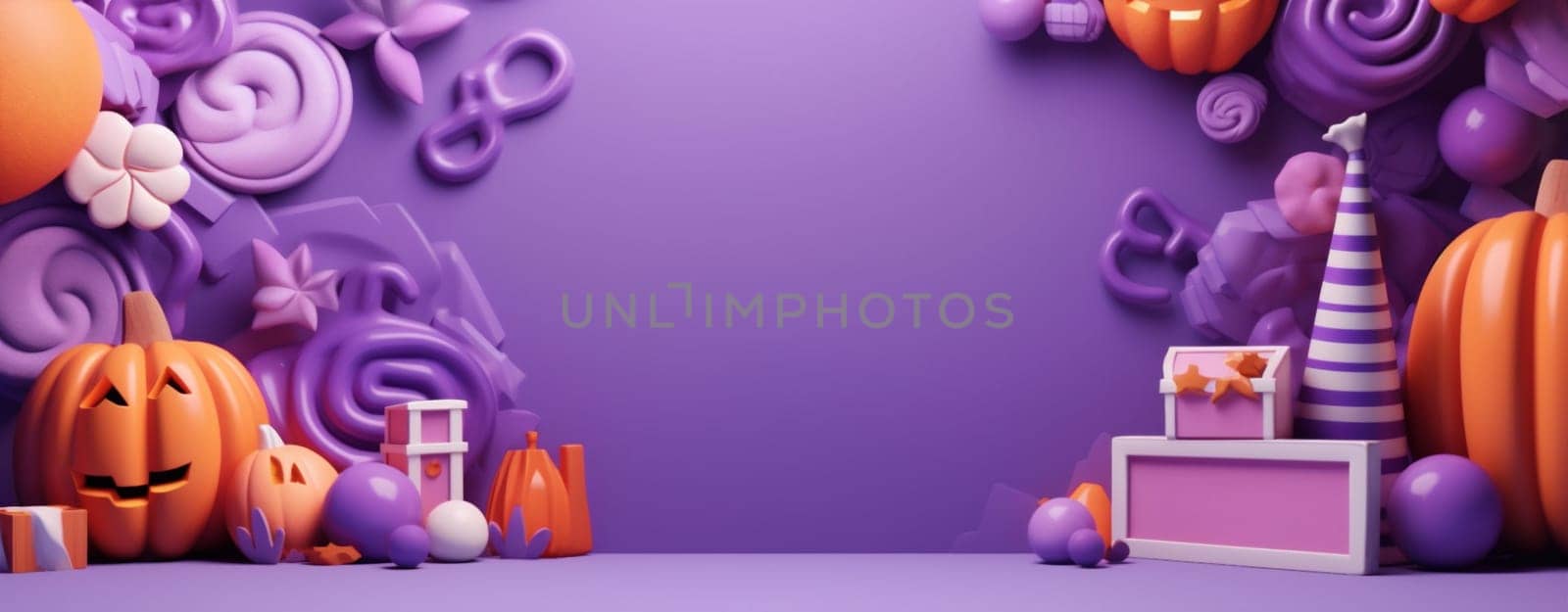 orange holiday party celebration spider candy sweet halloween pumpkin purple. Generative AI. by Vichizh