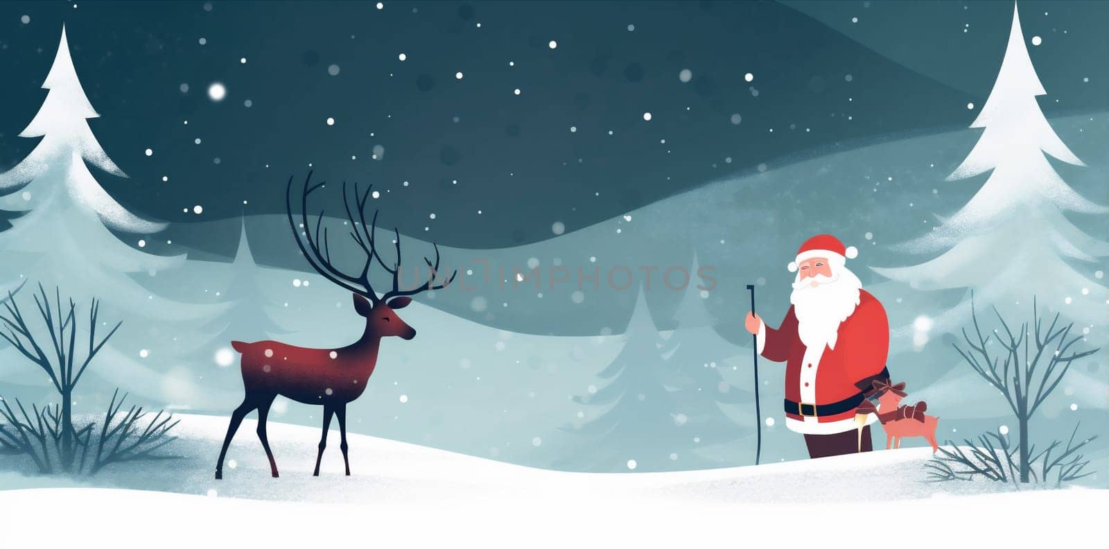 santa claus art holiday gift christmas poster template winter illustration night vintage card happy greeting sleigh noel reindeer snowy snow. Generative AI.