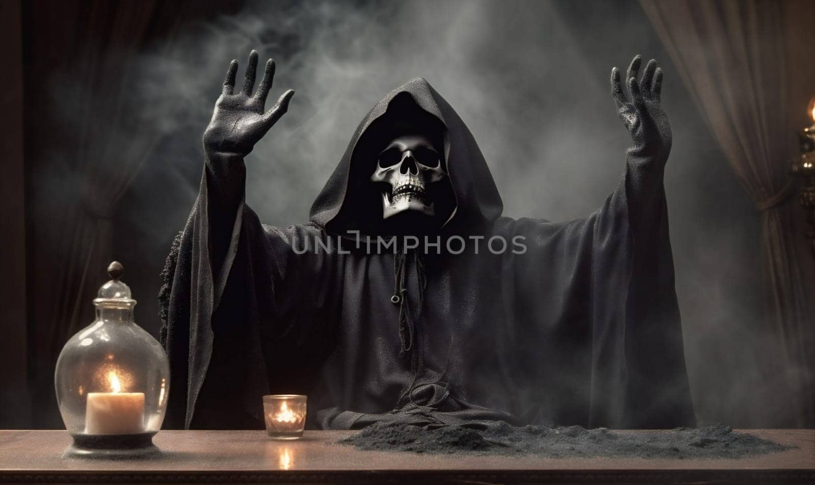 woman night horror devil fear creepy ghost halloween witchcraft danger hood scarey death nightmare skeleton darkness evil gothic cloak skull. Generative AI.