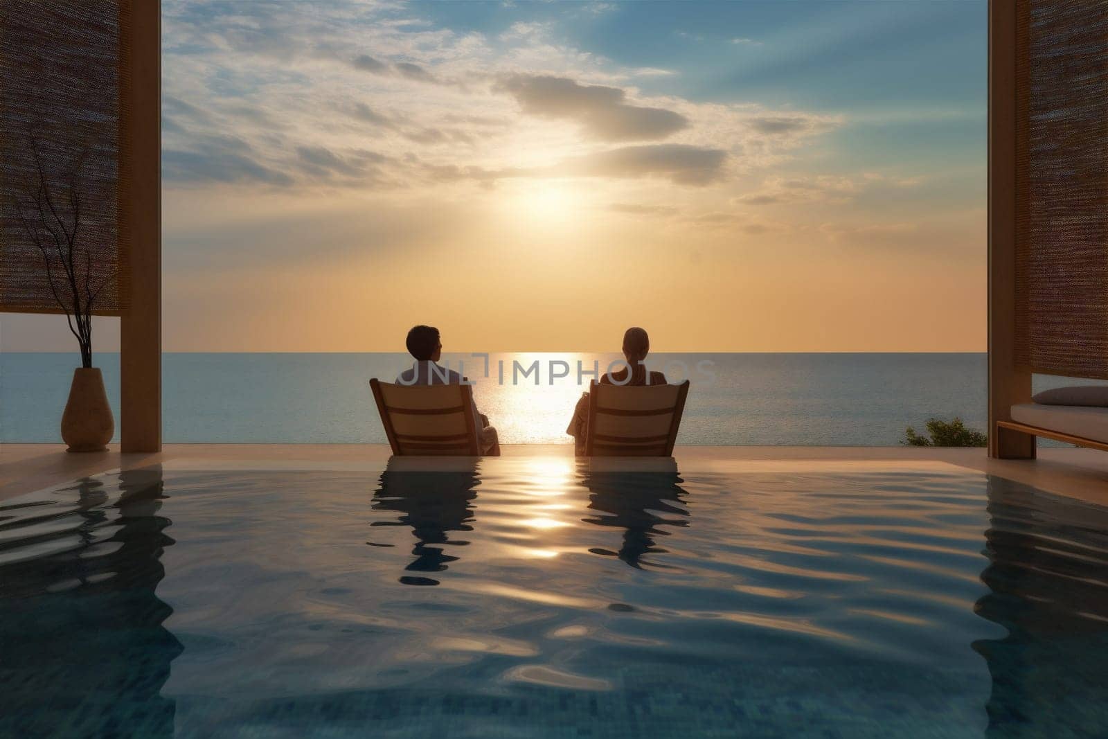 resort woman anniversary sun swimming sunrise travel hotel romantic back paradise vacation relax honeymoon escape water bali couple pool sunset. Generative AI.