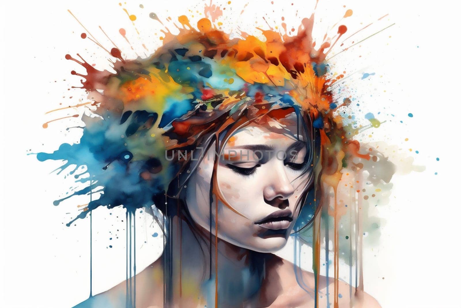 colourful woman lip illustration portrait style watercolor face art texture beauty. Generative AI. by Vichizh