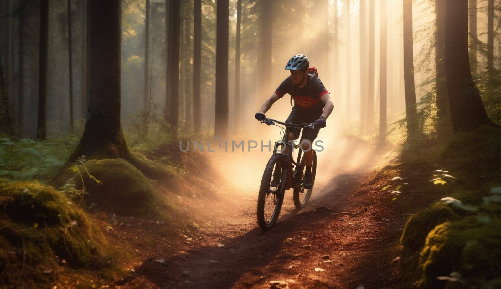 woman summer bicycle sunset wood walking dark cycling bike sport forest. Generative AI. by Vichizh