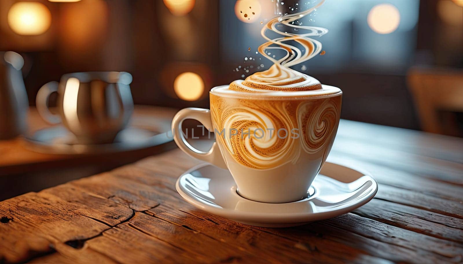 Coffee cup with latte art on wooden table in cafe