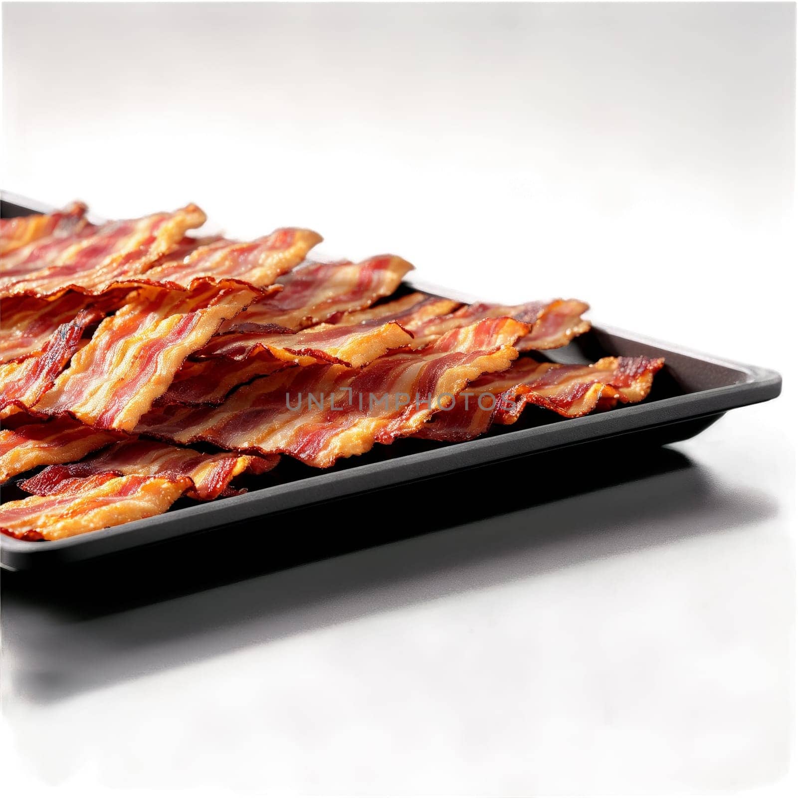 Bacon crispy strips in glass tray fat sizzling and glistening Food and Culinary concept. Food isolated on transparent background.