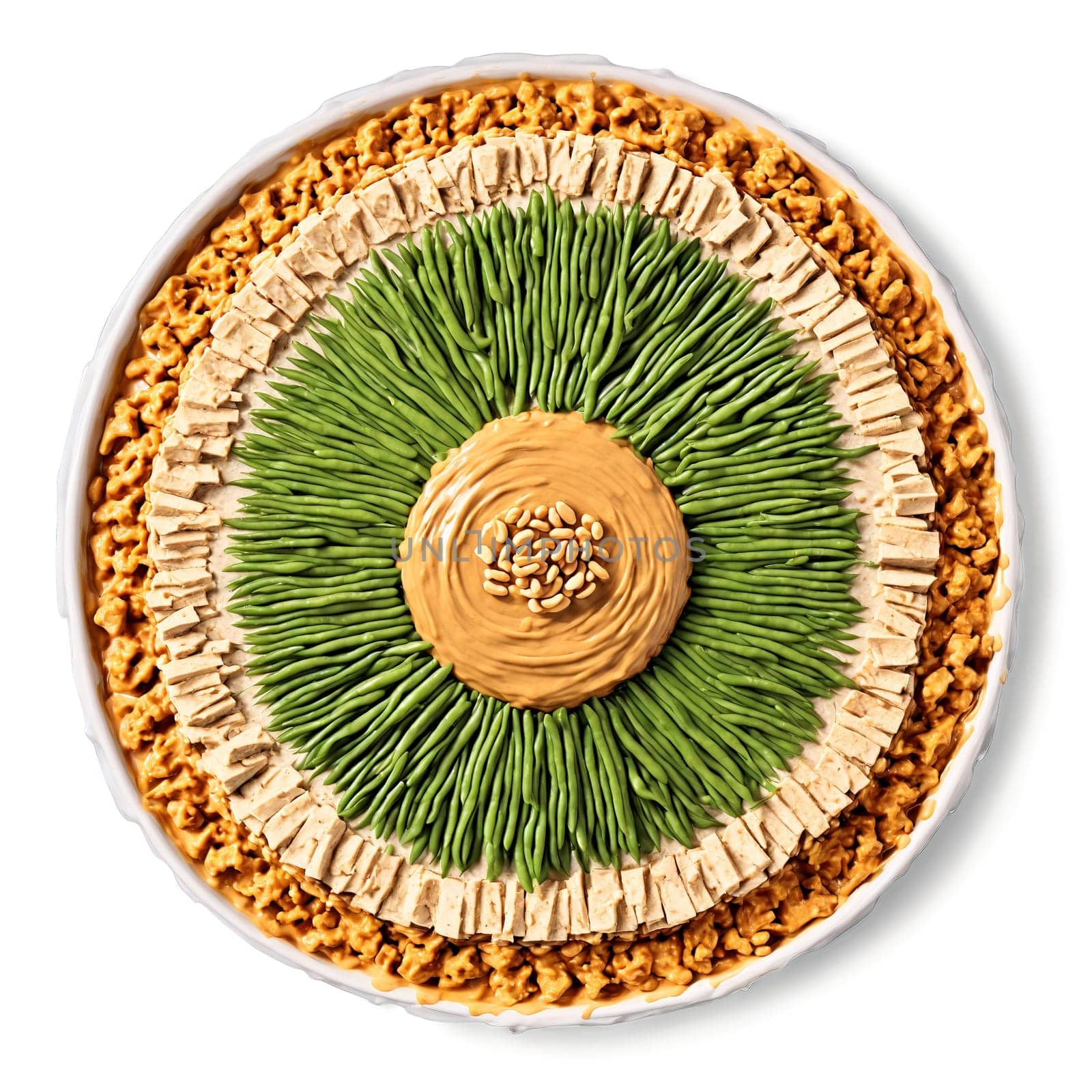 Vegetable tempeh mandala a protein packed circular design of vegetable tempeh with peanut sauce drizzling. Food isolated on transparent background.