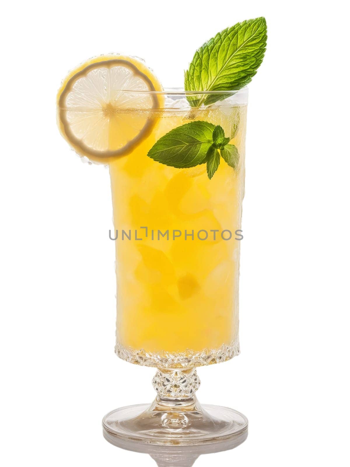 Arnold Palmer with slice of lemon and sprig of mint in tall glass. Drink isolated on transparent background.
