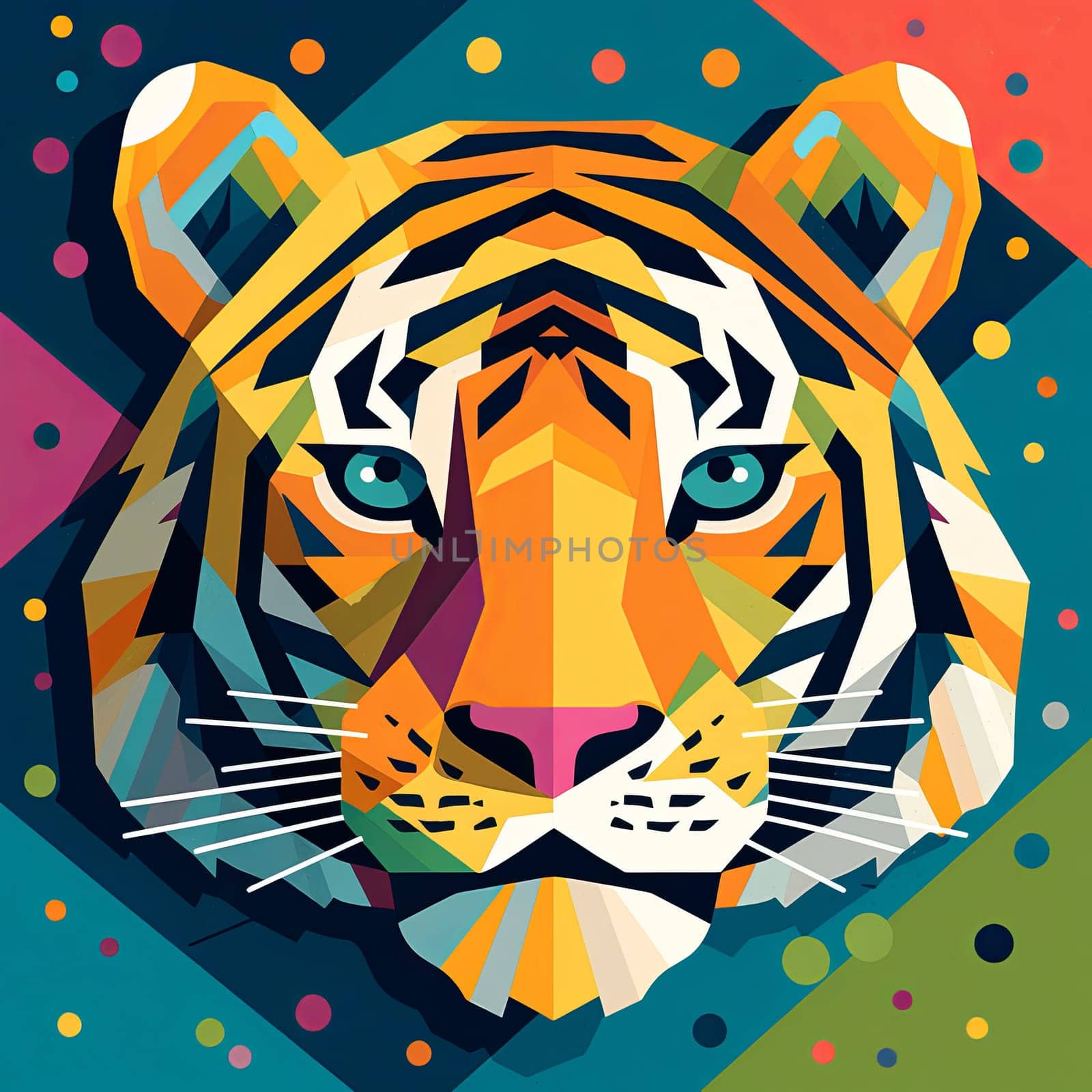 A colorful cartoon illustration of a tiger with polka dots texture against blue background. In the style of playful geometric shapes, editorial illustrations, multilayered collages, flat style, bold colors, unique hand drawn textures, minimalistic, cetered in the middle with negative space around.