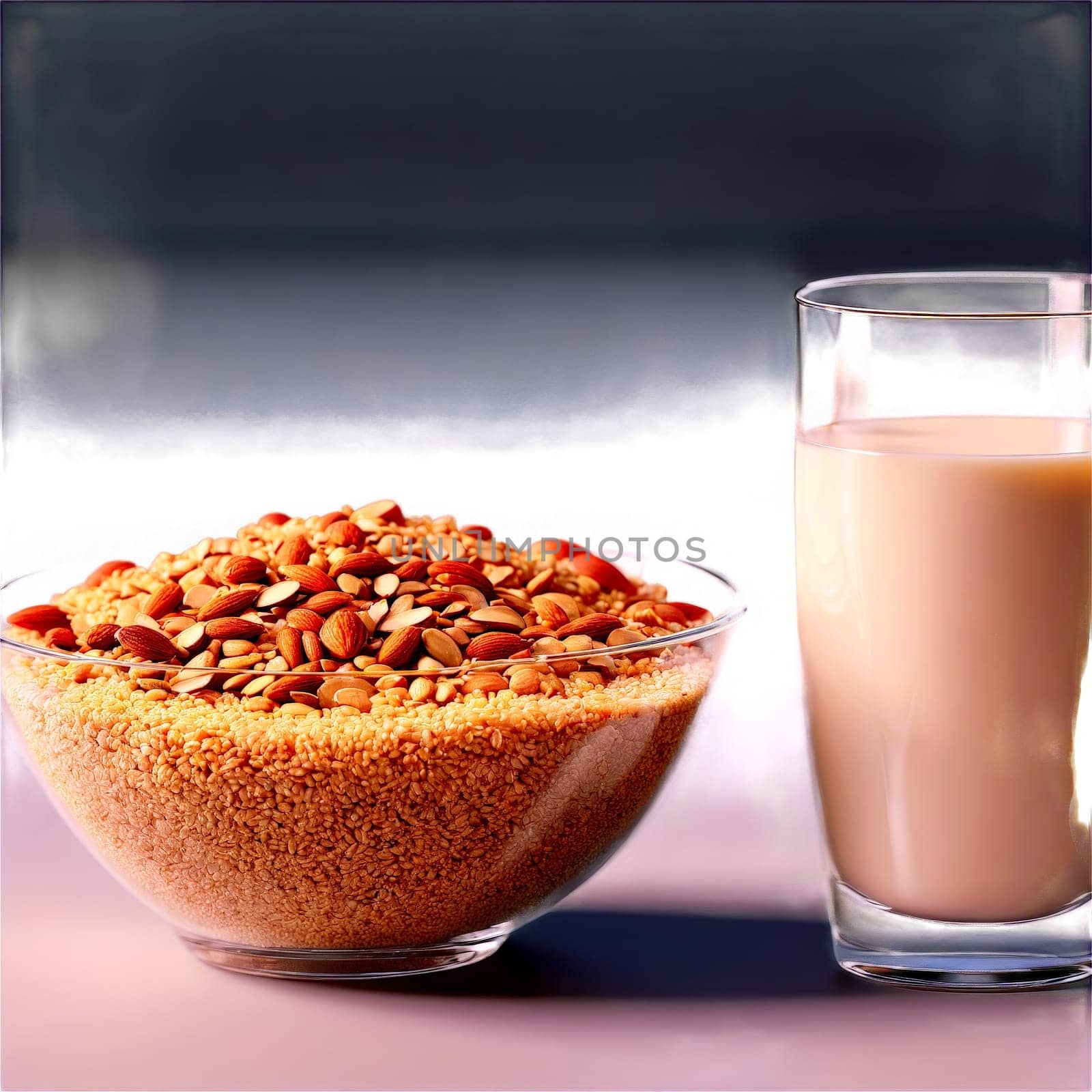 Quinoa breakfast bowl fluffy grains in glass bowl almond milk pouring Food and Culinary concept. Food isolated on transparent background.