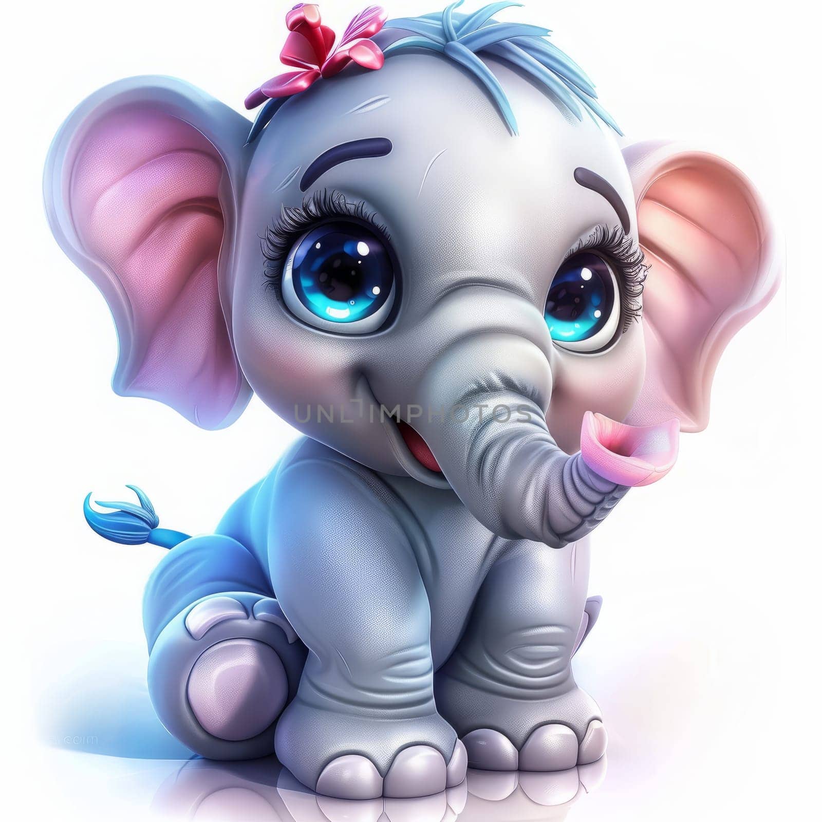 Adorable baby elephant with big eyes and pink flower on head. On white background.