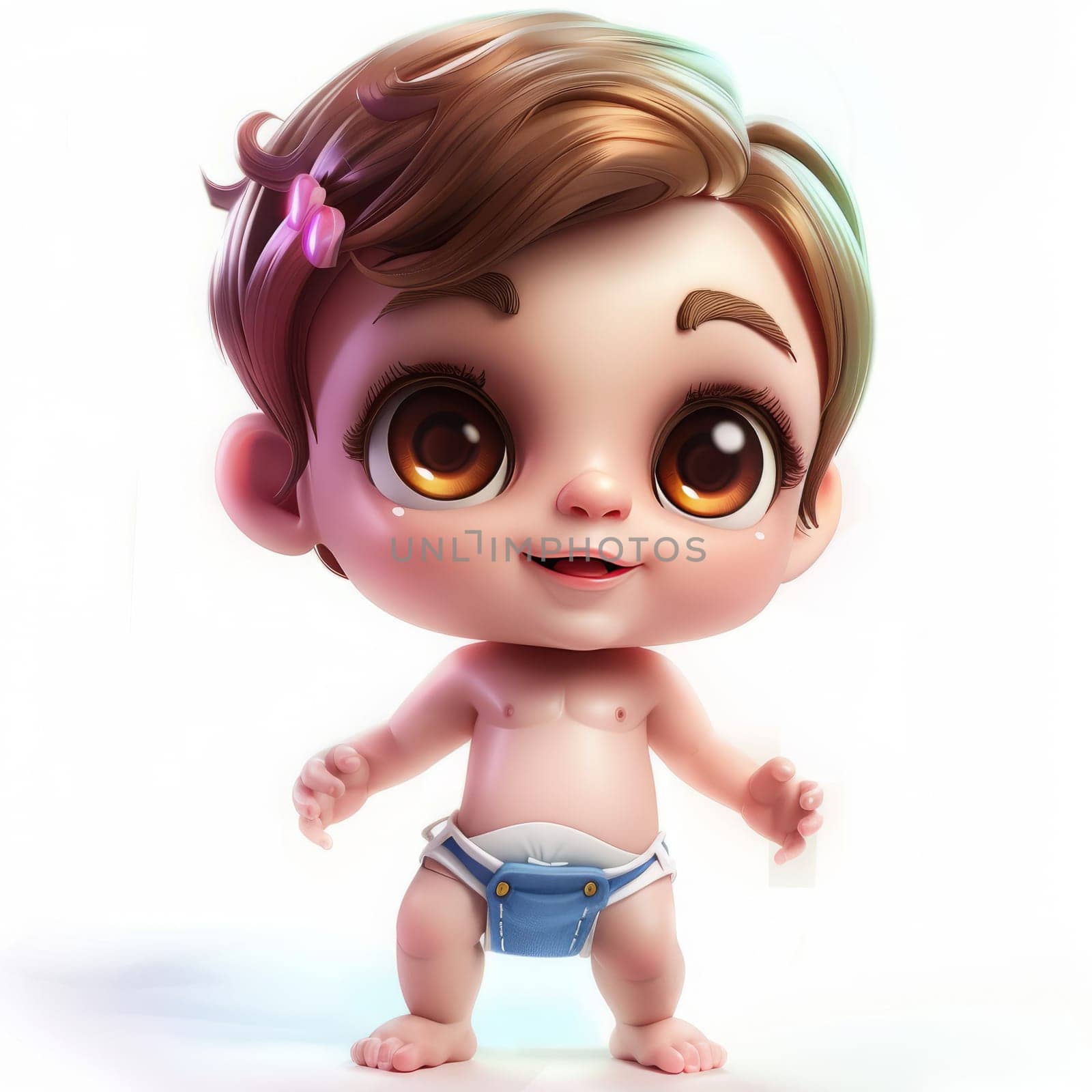 Adorable cartoon baby with brown eyes and diaper. On white background.