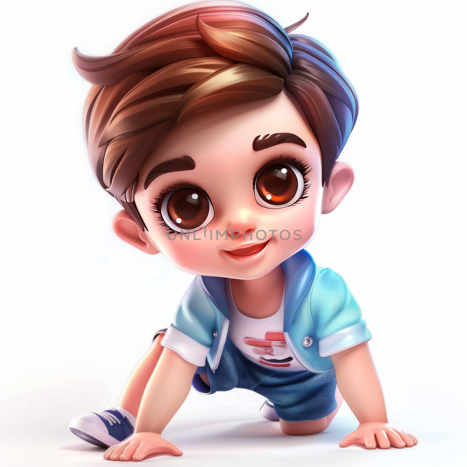 Adorable cartoon child with big eyes and stylish hair in casual outfit. On white background.