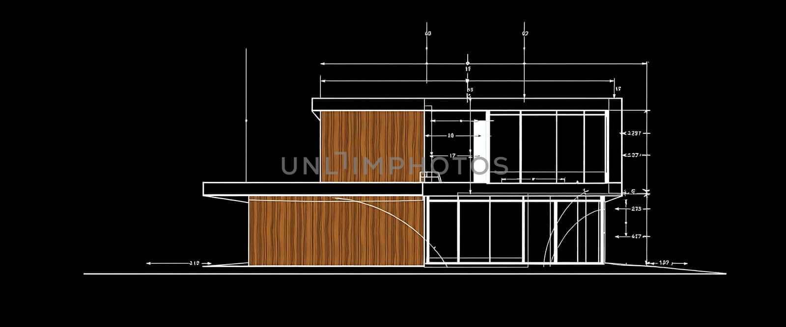 This architectural design features a modern house characterized by clean lines, large glass windows, and a combination of wood and concrete materials, illustrating a contemporary aesthetic.