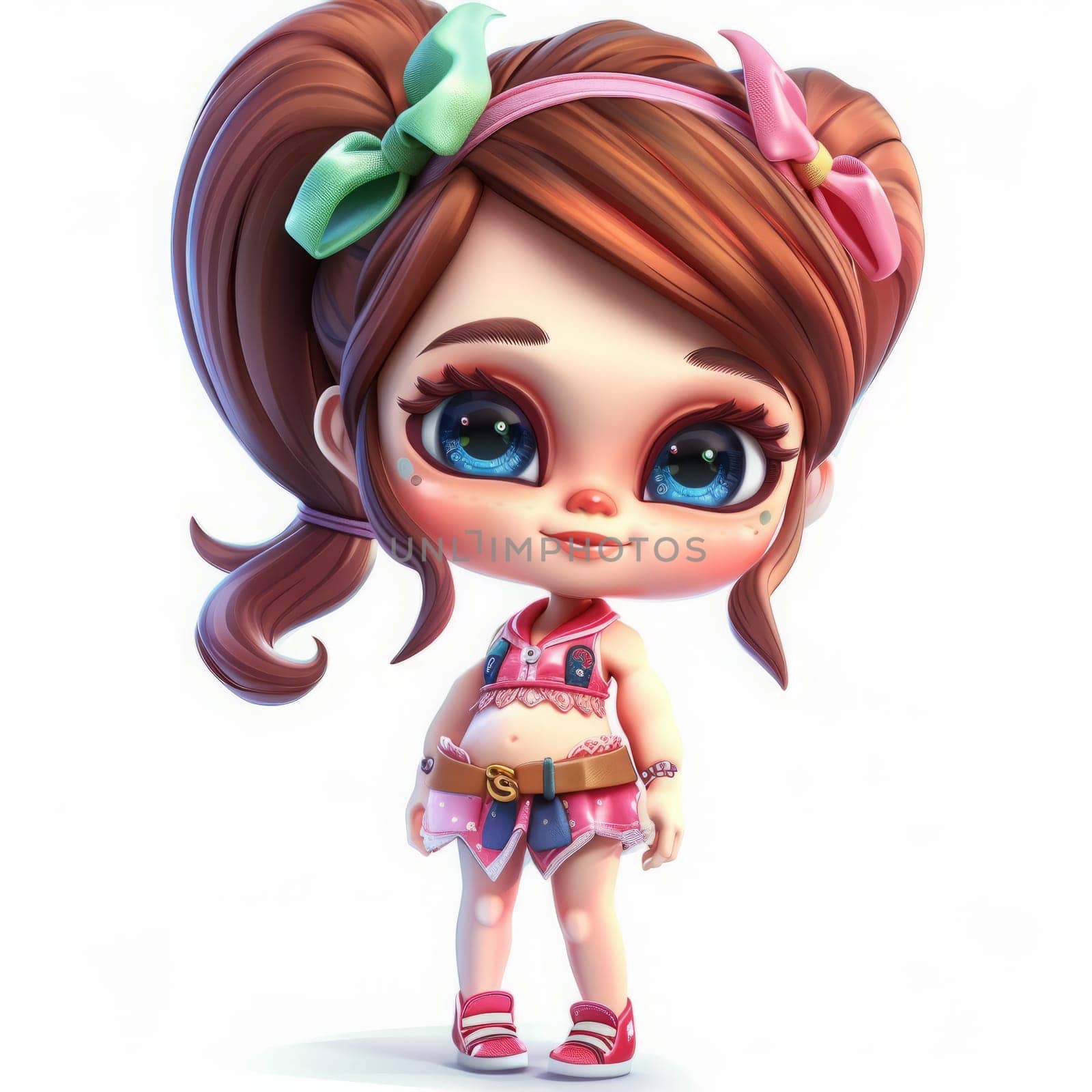 Cute cartoon girl character with big eyes and colorful hair. On white background.
