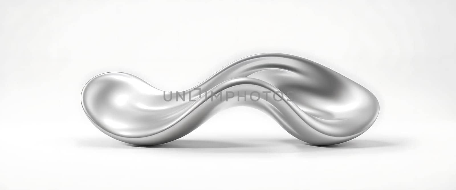 This artwork features a sleek, abstract metallic form with smooth, flowing curves, placed against a clean, white backdrop, highlighting modern creativity and design.