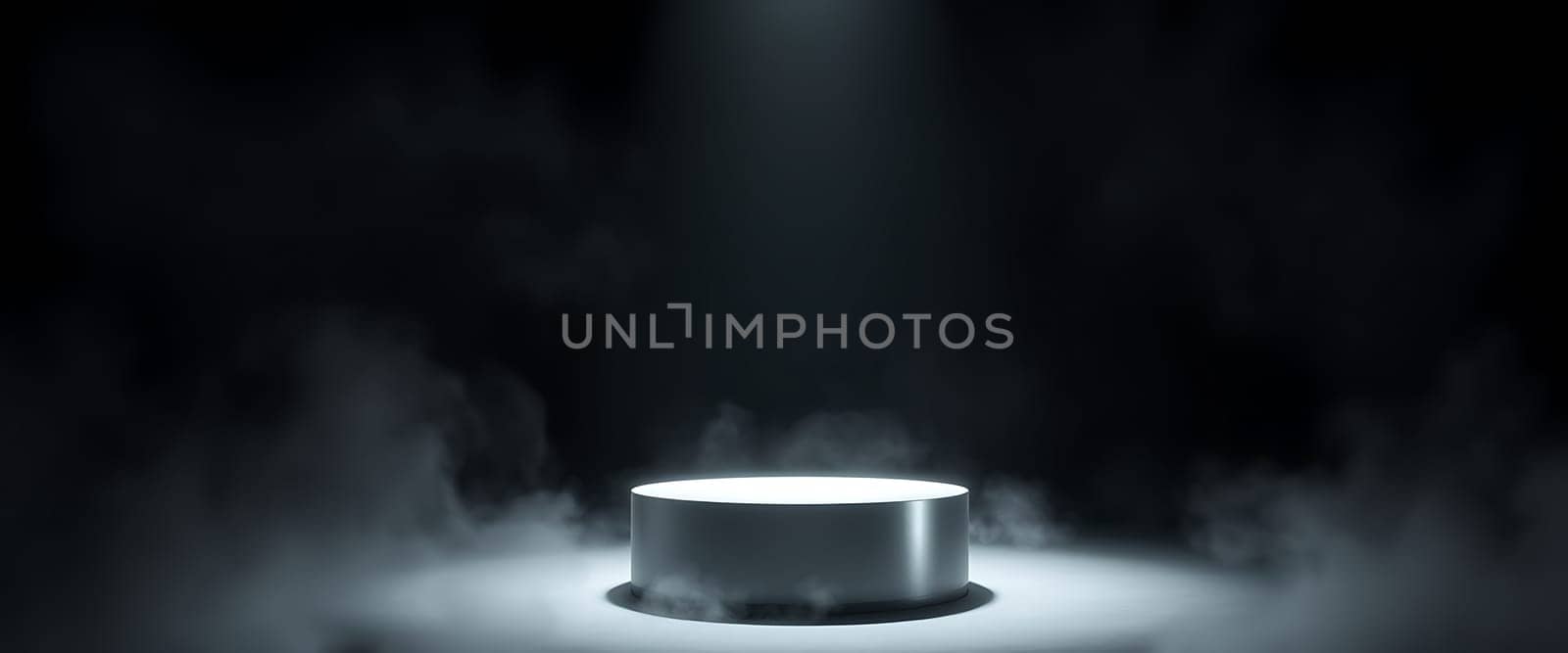 A round platform is lit brightly in the center with darkness surrounding it. Soft mist swirls around the base, creating an atmosphere of anticipation and intrigue for an upcoming event.