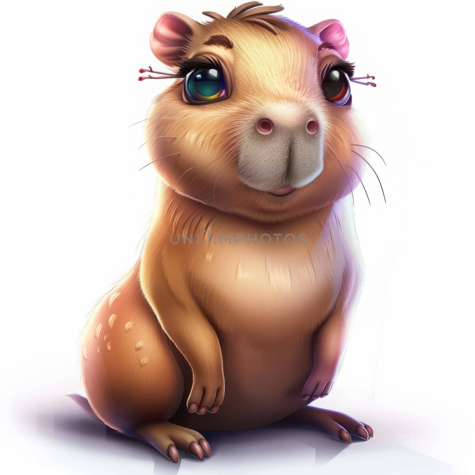 Charming cartoon capybara with big eyes and whiskers. On white background.