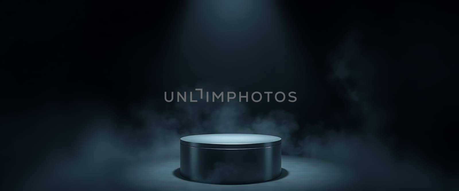 A circular stage is highlighted by a single overhead light, casting a dramatic glow in a misty, darkened environment, creating an intriguing setting for events.