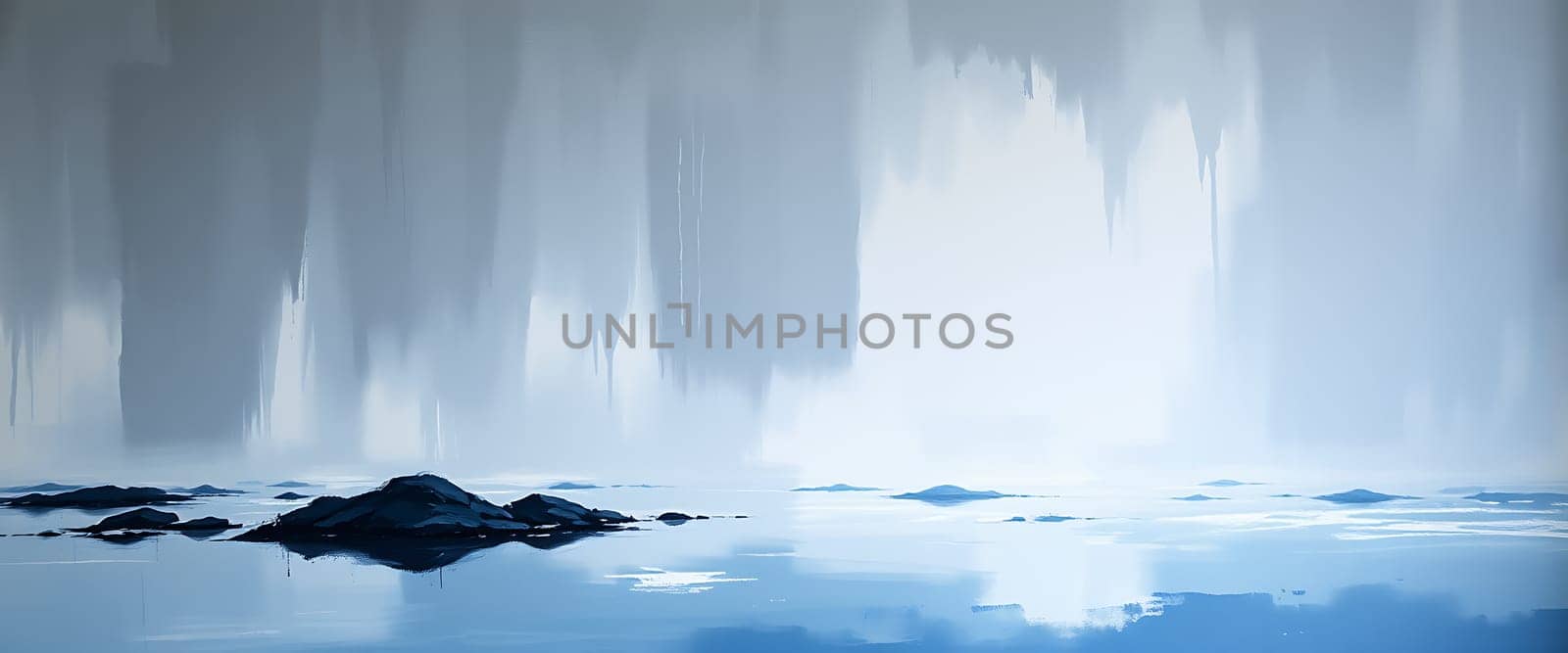 In the early morning light, mist drifts softly above a serene lake. The still water reflects a hazy landscape while dark stones protrude from the surface, creating a peaceful atmosphere.