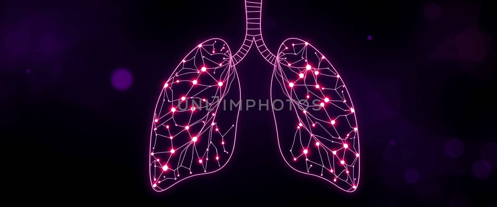 A vibrant illustration showcases the human lungs as a network of glowing connections against a dark background, symbolizing health and life