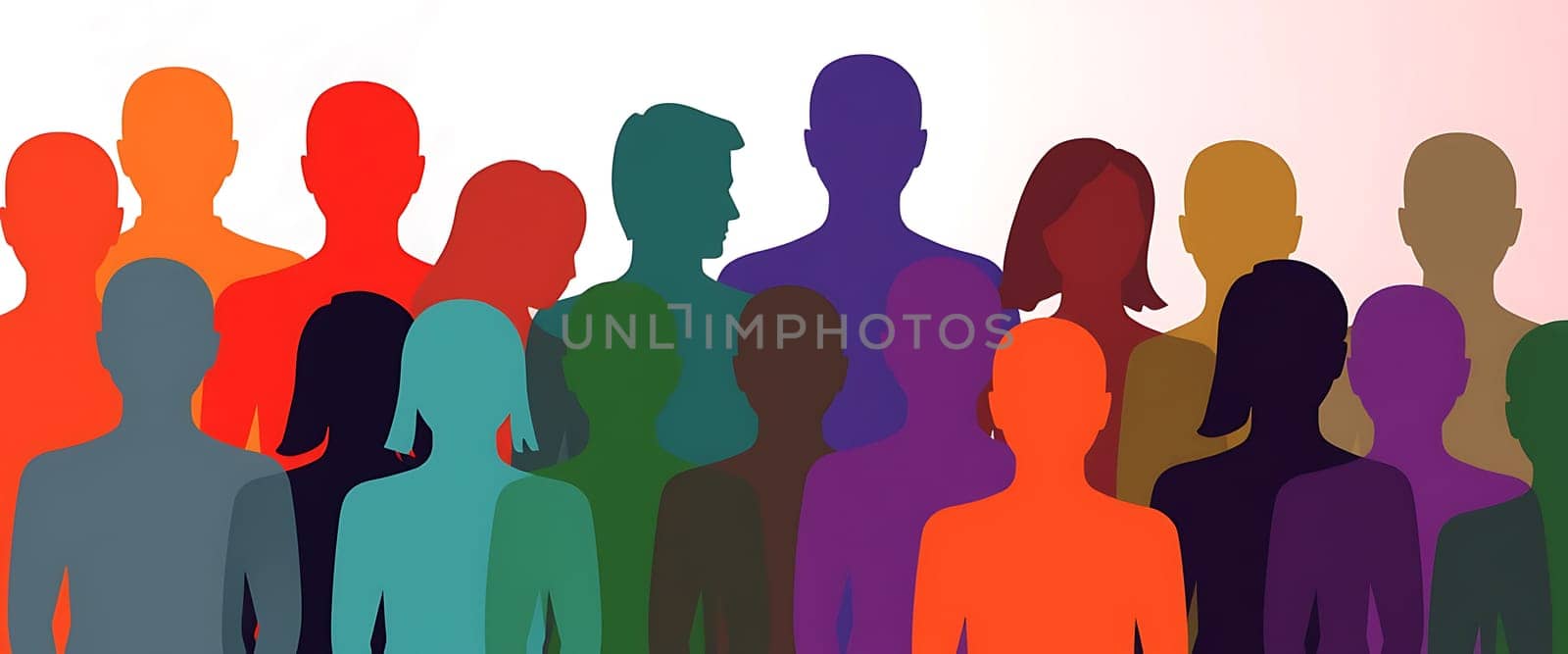 A group of colorful silhouettes representing diverse individuals stands side by side against a softly blended background, symbolizing unity and inclusion among different cultures.