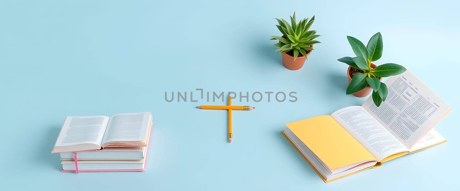 A workspace features an open yellow book and a dictionary paired with two stacked books. Two potted plants and pens complete the inviting study atmosphere.