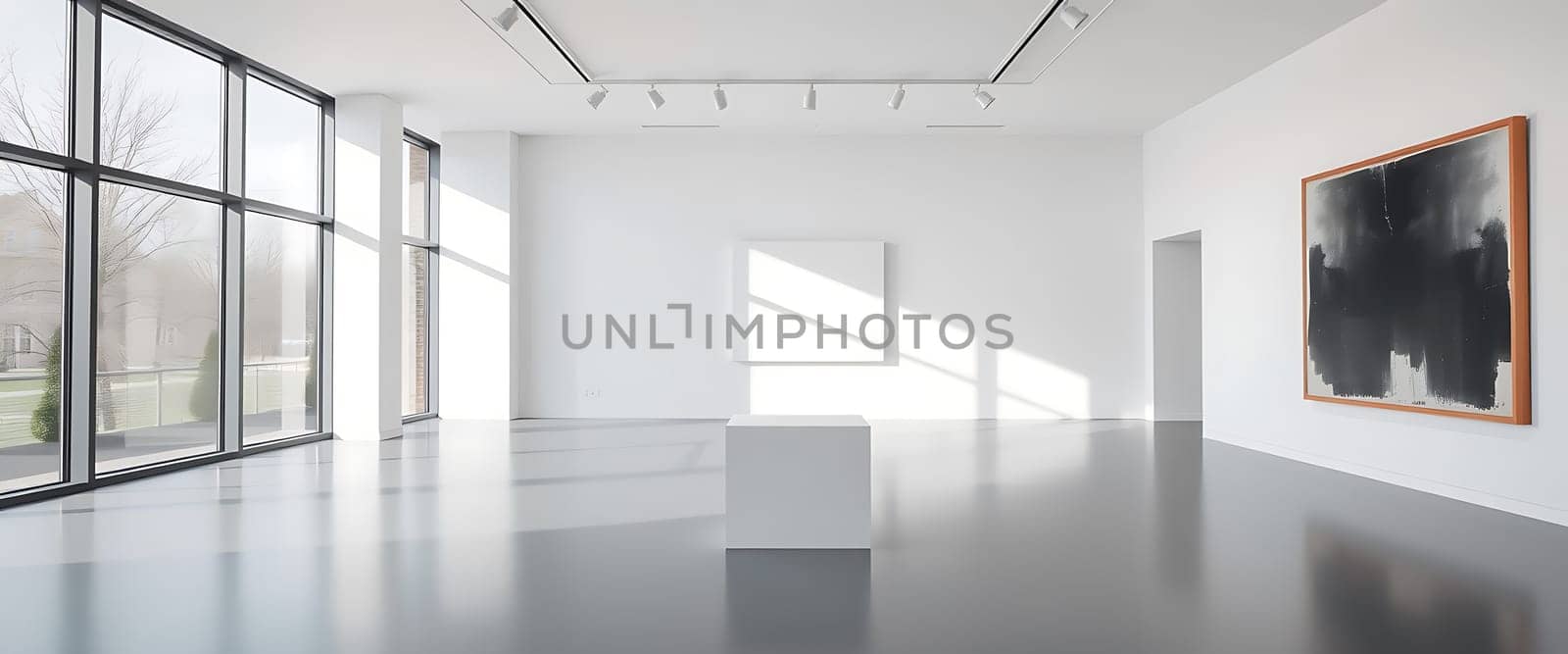 This contemporary art gallery features large windows that illuminate the space, highlighting abstract artworks on the walls and a minimalist display pedestal.