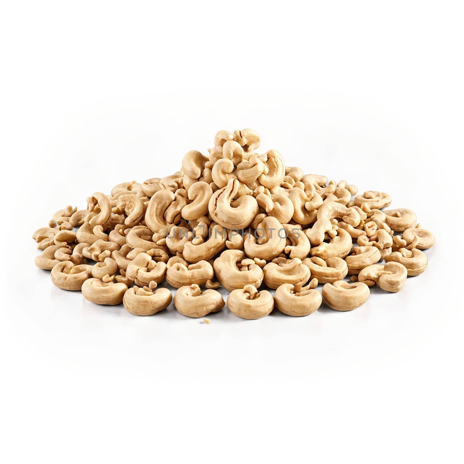 Cashews mandala floating whole and halved cashews cascading cashew butter steam wisps Food and culinary. Food isolated on transparent background.