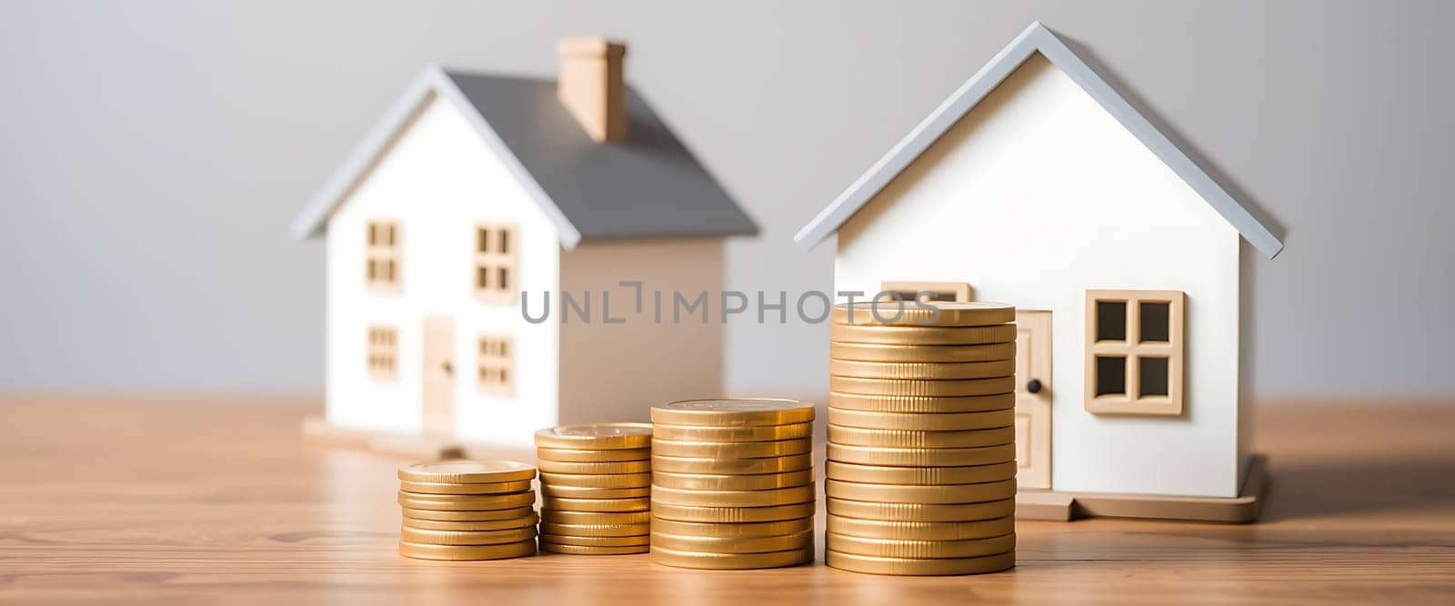 The arrangement features stacks of coins positioned next to two small houses, symbolizing the potential for growth in real estate investments set against a soft background.