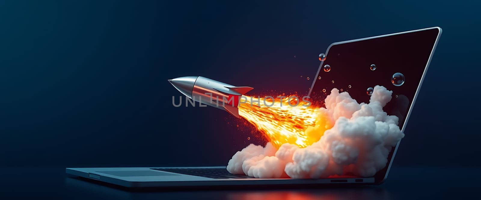 A rocket bursts forth from the open lid of a laptop, surrounded by flames and smoke. This dynamic representation reflects innovation and technological progress in the modern age.