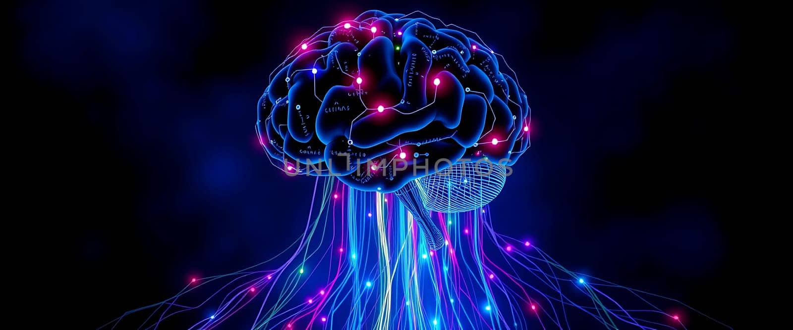 This artwork presents a colorful representation of the brain with luminous neural pathways extending outward, symbolizing thought, creativity, and intelligence in a dark setting.
