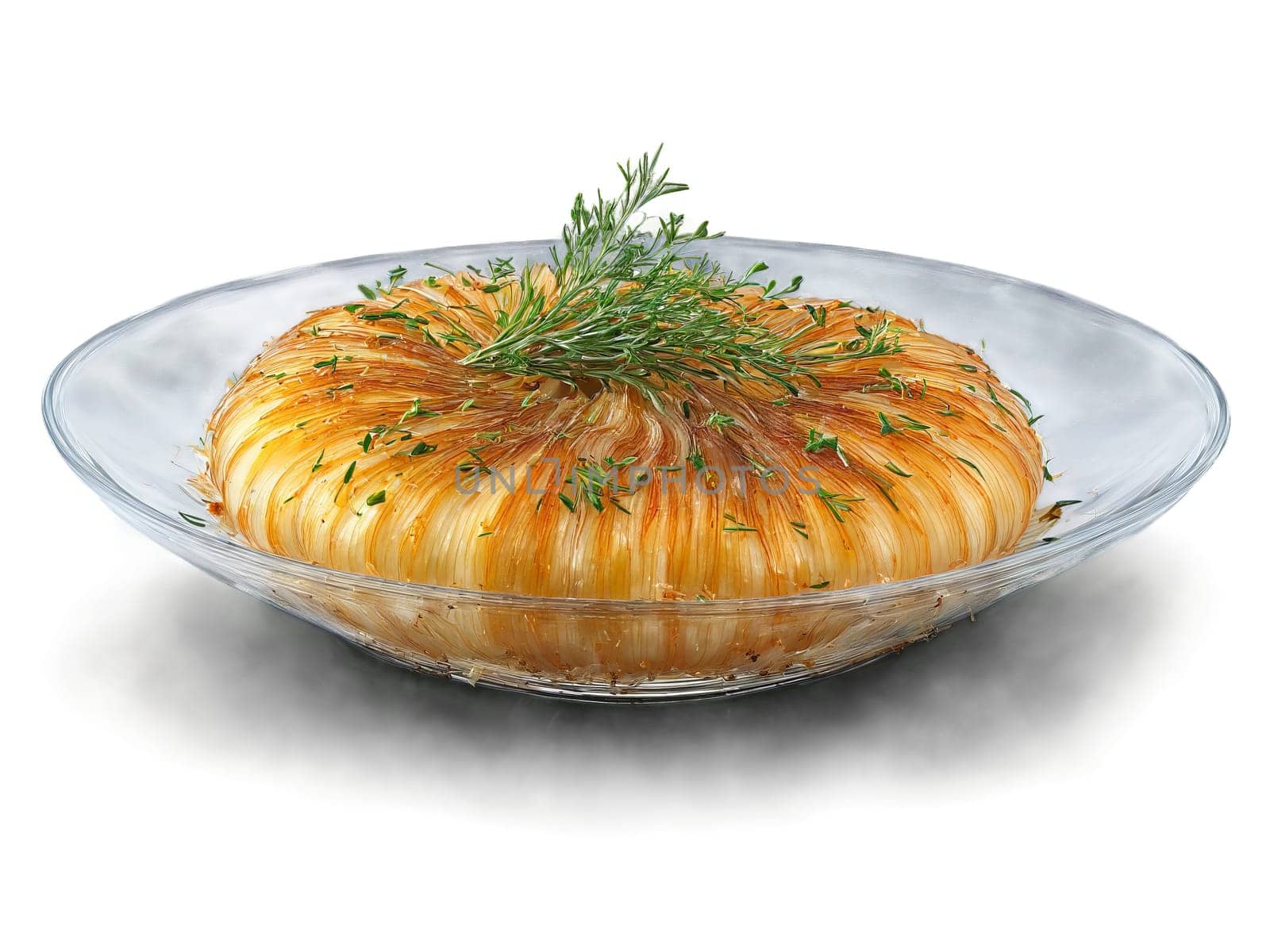 Onions caramelized and served with fresh thyme served on a transparent glass dish sweet. Food isolated on transparent background.