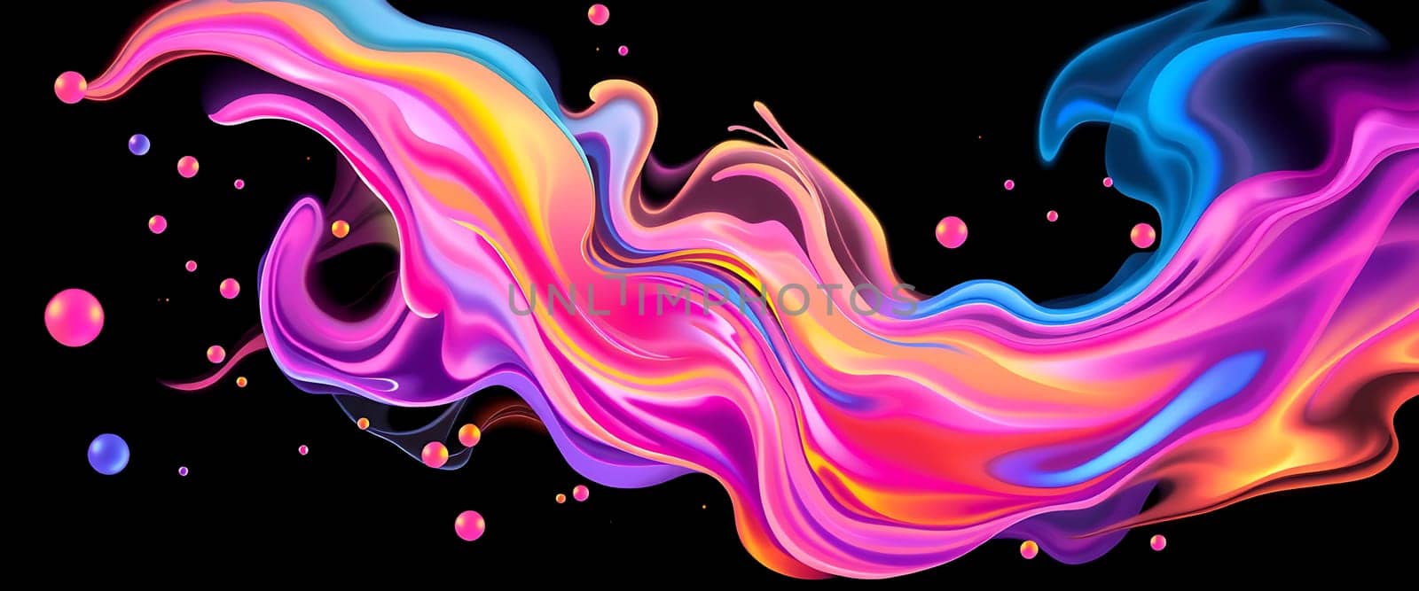 A dynamic display of swirling colors in pink, purple, and blue creates a captivating wave pattern, enhanced by floating bubbles against a dark backdrop.