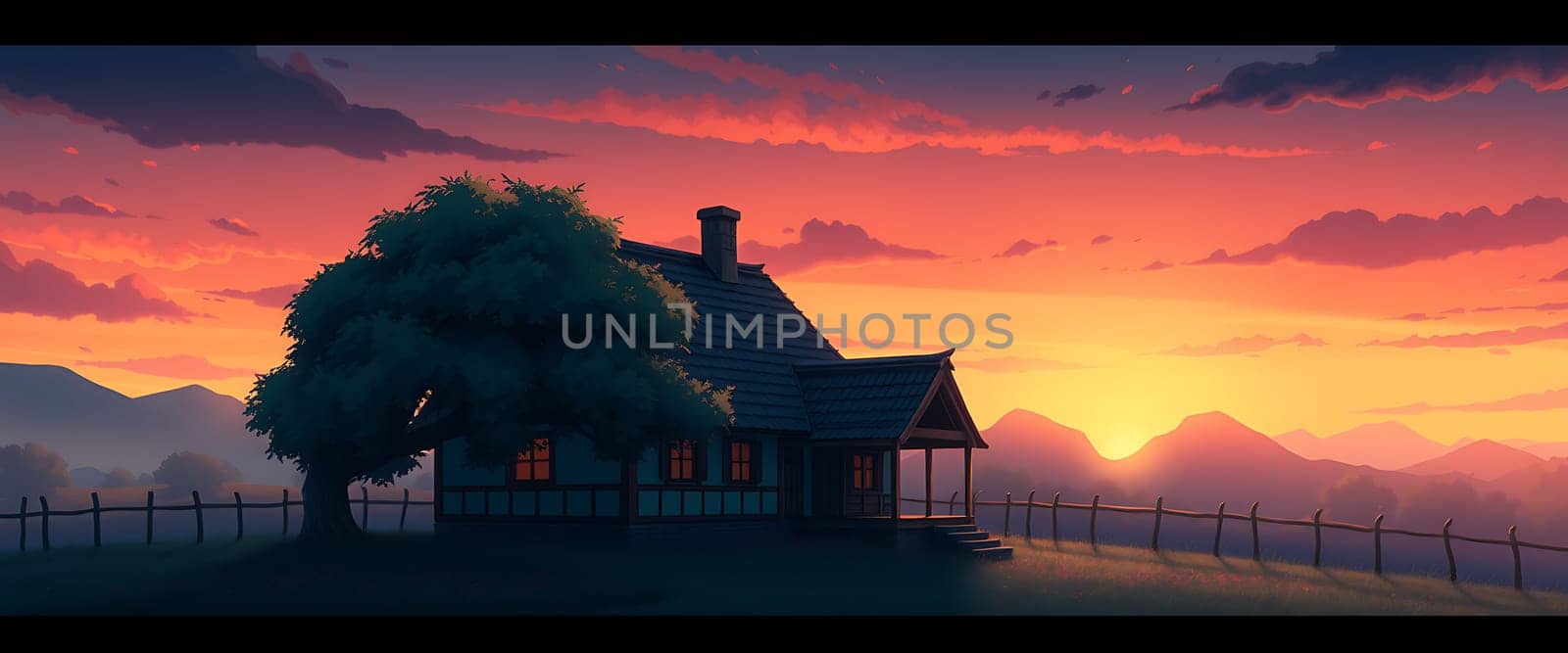 As the sun sets behind the mountains, a charming cottage stands silhouetted against a colorful sky, surrounded by tranquil fields and a wooden fence.