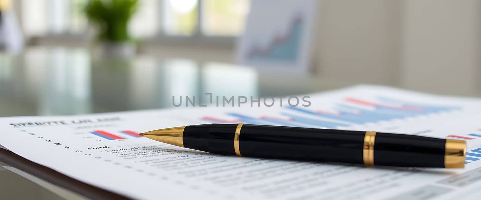 A financial report features colorful bar graphs alongside a sleek black pen resting on a document. The scene is set in a bright office, indicating productivity.