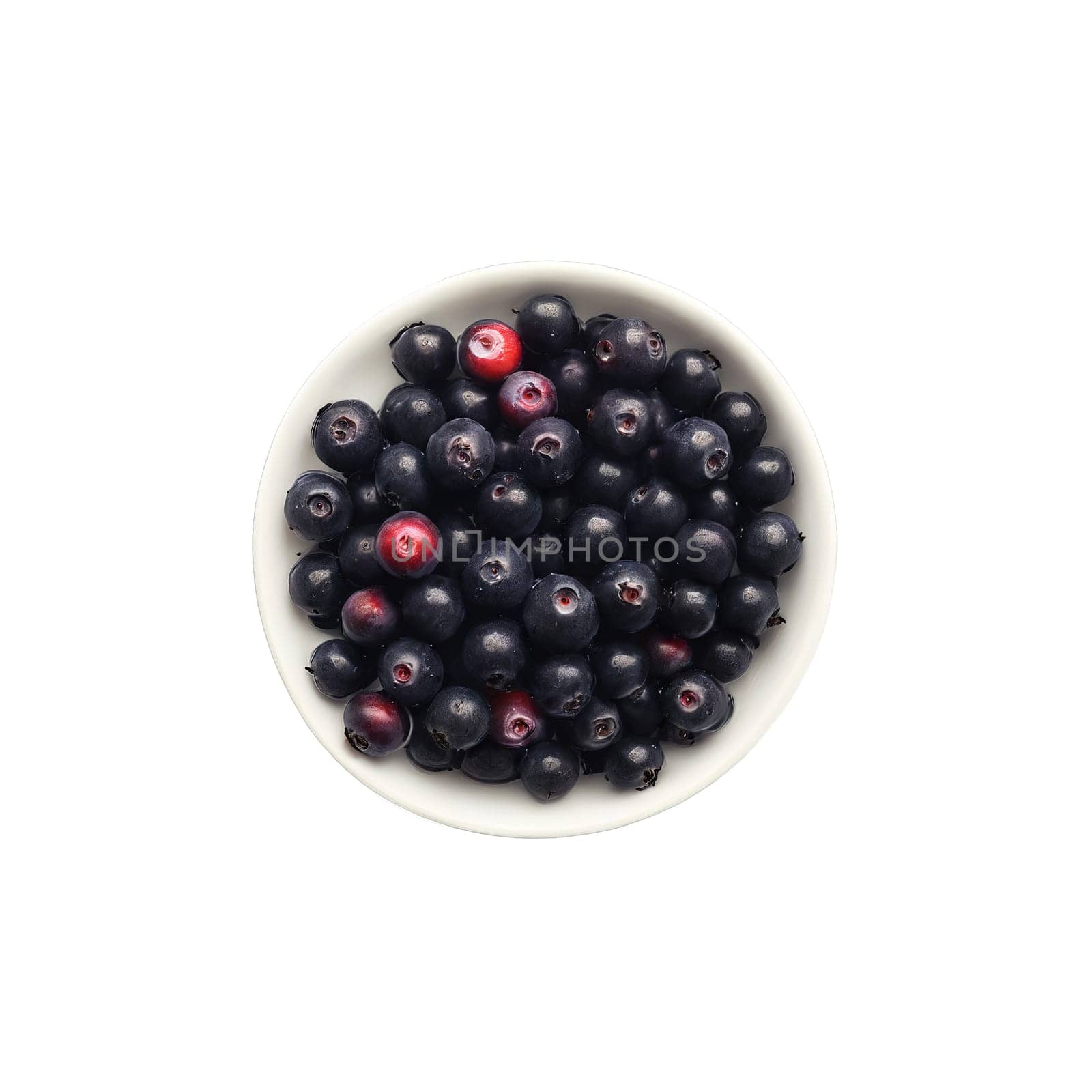 Tantalizing chokeberries Aronia melanocarpa nestled in a delicate porcelain bowl showcasing their glossy black appearance. Food isolated on transparent background